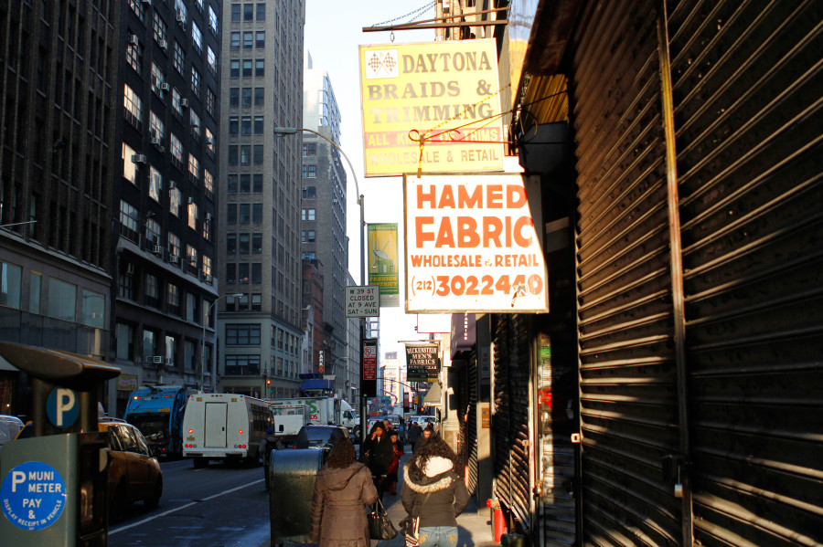 Since 1985, New York's historic apparel manufacturing center has lost tens of thousands of jobs, according to a survey released last year. Yet many designers still rely on stores like these, on West 39th Street.