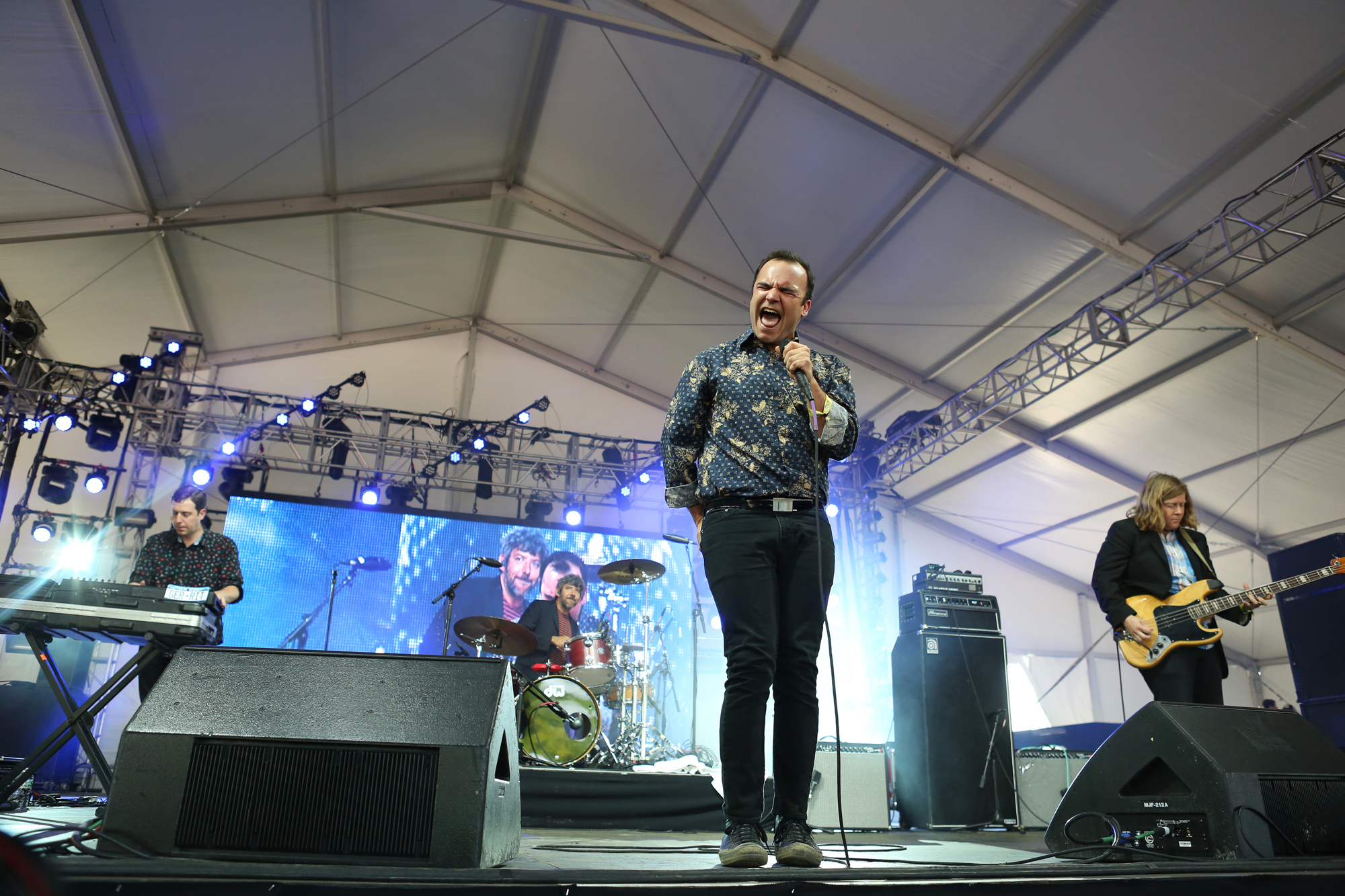 Future Islands performs in the Gotham tent at Governors Ball on Randall's Island, New York, on June 6, 2015. (© Michael Katzif – Do not use or republish without prior consent.)